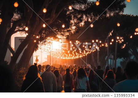 People Walking Beneath Hanging String Lights at Sunset in an Outdoor Urban Setting People Walking Beneath Hanging String Lights at Sunset in an Outdoor Urban Setting 135993334