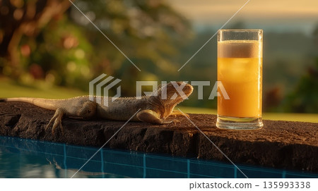 Iguana Sunbathing by Poolside with Refreshing Drink at Sunset in Tropical Setting 135993338
