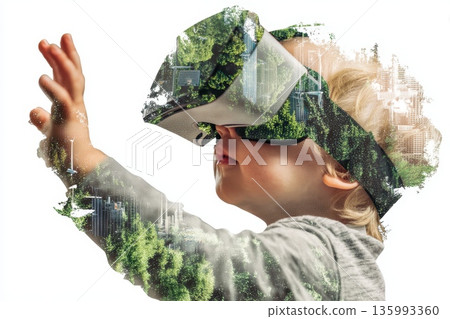 Young Child with Virtual Reality Headset Exploring a Digitally Enhanced Environment 135993360