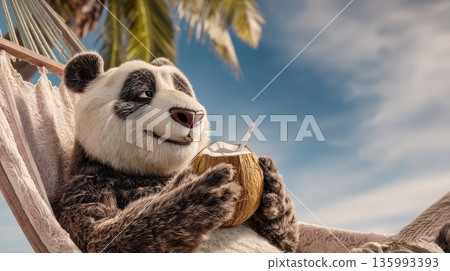 Relaxing Panda Enjoying Tropical Vibes While Lounging in Hammock with a Coconut Drink by Poolside 135993393