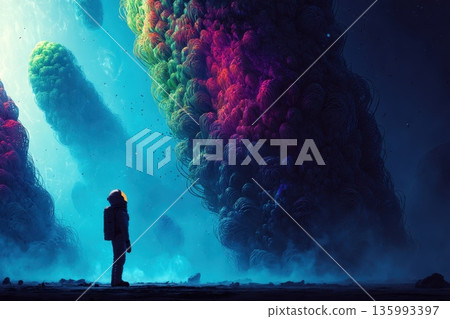 Astronaut in Fog Observing Giant Alien Flora in Mysterious Colorful Landscape 135993397