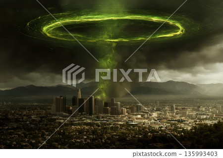Futuristic Data Visualization With Green Sky Elements Over a Cityscape in a Dramatic Atmosphere Futuristic Data Visualization With Green Sky Elements Over a Cityscape in a Dramatic Atmosphere 135993403