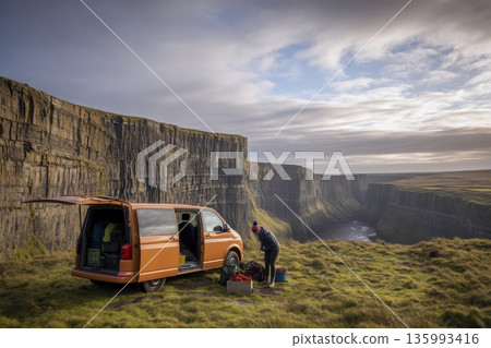 Young Woman Unloading Adventure Gear Near Scenic Cliffs Under Dramatic Sky 135993416