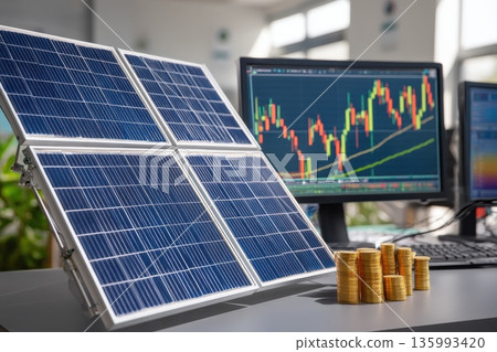 Solar Power Investment with Market Trends Displayed on Screen and Coins in Focus 135993420
