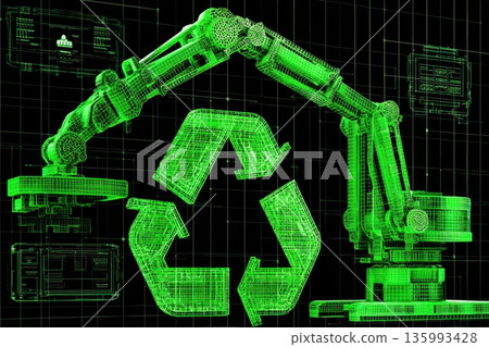 Robotic Arms Assembling Recycle Symbol with Wireframe Design in Green Color Scheme 135993428
