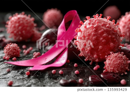Pink Ribbon with Cancer Cells Representing Awareness and Global Fight Against Disease Pink Ribbon with Cancer Cells Representing Awareness and Global Fight Against Disease 135993429