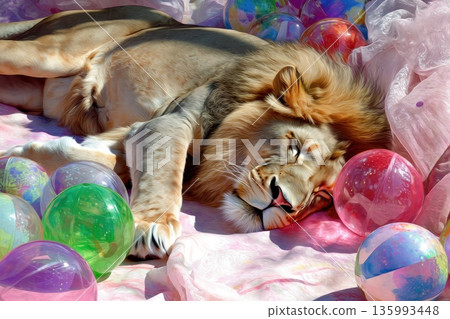 Chubby Lion Snoozing on Pastel Float Surrounded by Colorful Balls in a Dreamy Setting 135993448