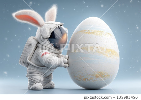 Astronaut bunny gazes at magical egg in a whimsical and enchanting space scene 135993450