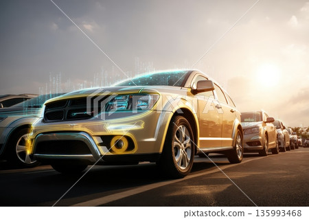 Car Under Inspection at the Corner of Used Vehicle Lot with Modern Digital Elements 135993468