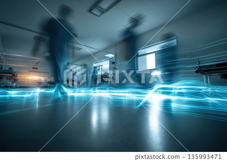 Dynamic Hospital Scene with Healthcare Professionals in Motion and Advanced Medical Equipment Dynamic Hospital Scene with Healthcare Professionals in Motion and Advanced Medical Equipment 135993471