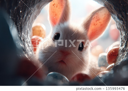 Whimsical Digital Bunny Emerging from Colorful Easter Eggs in a Magical Scene Whimsical Digital Bunny Emerging from Colorful Easter Eggs in a Magical Scene 135993476