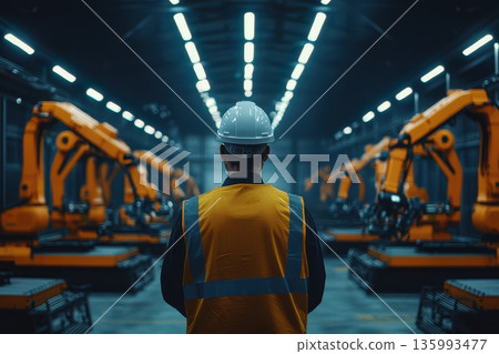 Supervisor in Safety Vest Observing Robotic Factory Operations at Night 135993477