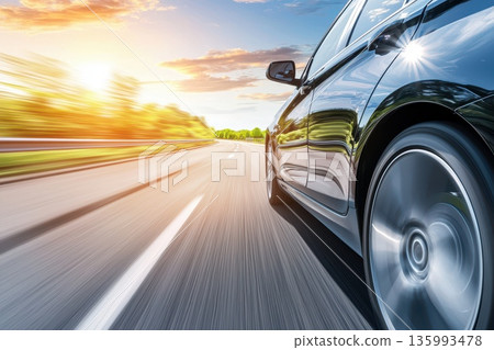 Dynamic Sunset Scene with Car Racing Down Open Highway at High Speed 135993478