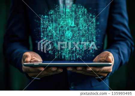 Executive Holding Tablet with 3D Digital Data Visualization for Business Concepts Executive Holding Tablet with 3D Digital Data Visualization for Business Concepts 135993495