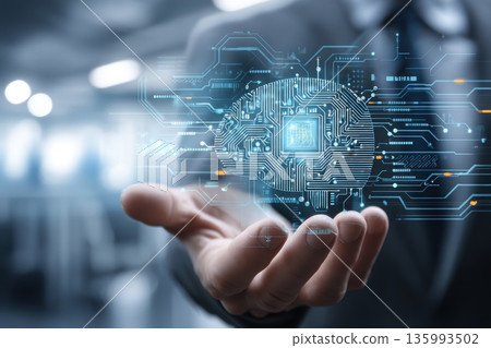 Human Hand Holding AI Brain Symbolizing Responsibility and Innovation in Technology Human Hand Holding AI Brain Symbolizing Responsibility and Innovation in Technology 135993502