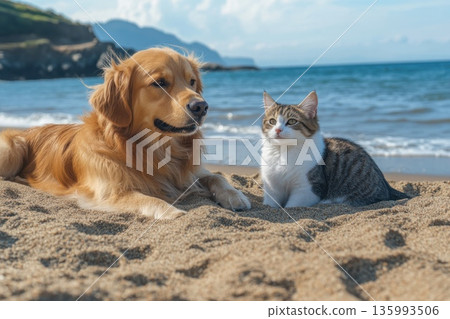 Playful Dog and Curious Cat Relaxing Together on Sandy Beach by the Ocean 135993506