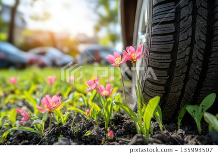Bright Summer Day with Car Tire Among Blooming Flowers on Scenic Roadside Bright Summer Day with Car Tire Among Blooming Flowers on Scenic Roadside 135993507