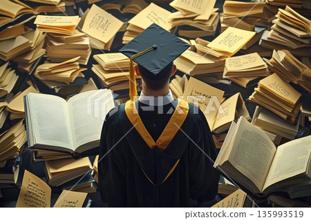 Graduate in Cap and Gown Surrounded by Open Books and Resume Drafts in a Study Space Graduate in Cap and Gown Surrounded by Open Books and Resume Drafts in a Study Space 135993519