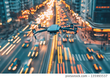 Compact Drone Suspended Mid Hover with Light Trails Over City Streets at Night 135993537