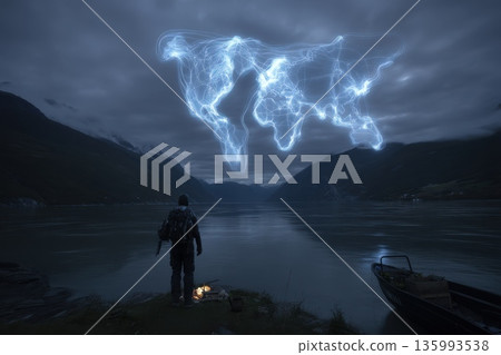 Man by Campfire with Digital Projection of World Map Over Calm Water at Dusk 135993538