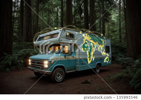 Mixed Reality Composition with Holographic Network in a Forest Setting Featuring Camper Van Mixed Reality Composition with Holographic Network in a Forest Setting Featuring Camper Van 135993546
