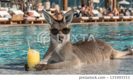 Kangaroo Reclining by Poolside in Resort Style, Enjoying a Refreshing Drink in the Sun 135993553