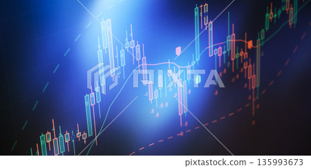 stock market candlestick chart on digital screen with blue backlight, technical analysis, trading volatility, price dynamics, forex market data visualization concept and financial data. stock market candlestick chart on digital screen with blue backlight, technical analysis, trading volatility, price dynamics, forex market data visualization concept and financial data. 135993673