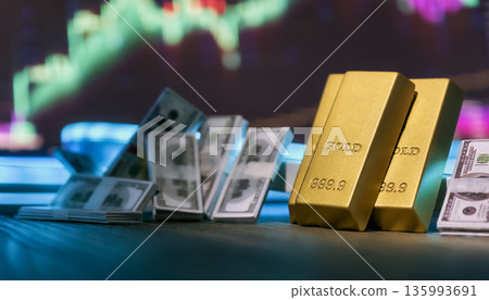 2026 Financial Goals Concept With Gold Bars and Stacks of Cash on Desk, Stock Market Chart Background , New Year Investment Planning, Wealth Growth, Trading Forecast and Economic Outlook 135993691