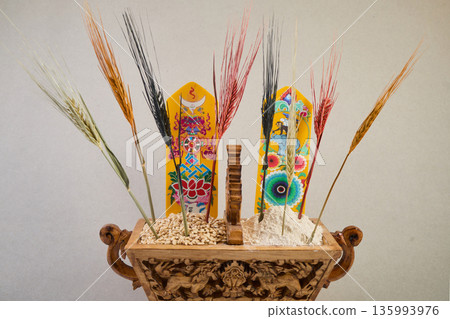 Chemar box offering grains for tibetan losar celebration 135993976