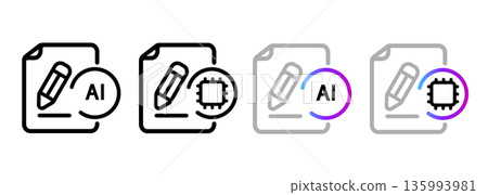 AI writing icon set for automated content creation copywriting artificial intelligence technology document and pencil AI writing icon set for automated content creation copywriting artificial intelligence technology document and pencil 135993981