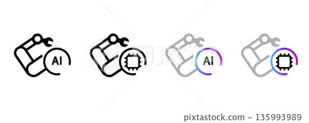 AI robotic arm icon set industrial automation manufacturing artificial intelligence technology featuring mechanical hand 135993989
