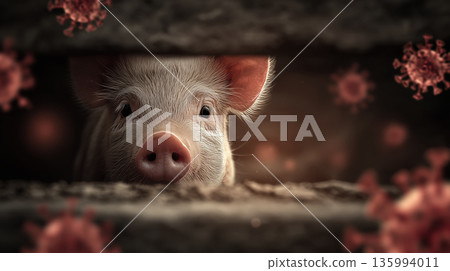 Cinematic concept showing lonely pig looking through gap with airborne virus particles floating around symbolizing transmission and illness fear 135994011