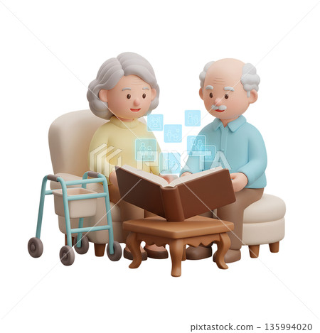 Elderly couple looks at a photo album as interactive digital pictures and holograms float above it, blending nostalgia with modern technology Elderly couple looks at a photo album as interactive digital pictures and holograms float above it, blending nostalgia with modern technology 135994020