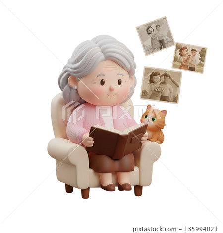Cozy 3d scene of a grandma sharing a photo album with her cat, surrounded by floating memories, representing warmth, family stories, and nostalgia 135994021