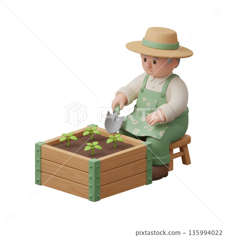 Cheerful 3d cartoon gardener character planting a small seedling in a raised wooden garden bed, representing spring and home gardening 135994022