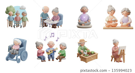 Diverse set of 3d icons showing happy senior citizens enjoying hobbies like gardening, painting, music, walking 135994023
