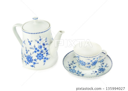 Vintage Porcelain Coffee Pot and Tea Cup with Blue Floral Pattern Vintage Porcelain Coffee Pot and Tea Cup with Blue Floral Pattern 135994027