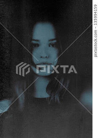 Young woman contemplating with melancholic expression and film grain Young woman contemplating with melancholic expression and film grain 135994159