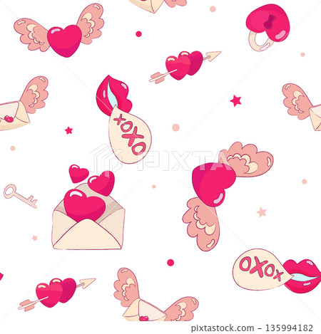 Seamless vector Valentine s Day pattern with hearts, lips, love letters, arrows, and romantic symbols in a pink color palette. Seamless vector Valentine s Day pattern with hearts, lips, love letters, arrows, and romantic symbols in a pink color palette. 135994182