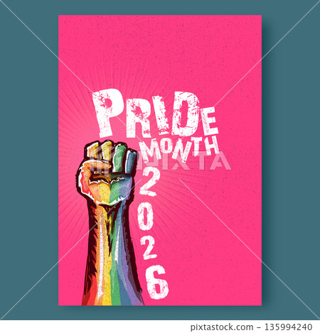 Happy pride month 2026 poster with Rised LGBT fist colored in lgbt flag isolated on pink background. LGBT Pride month parade 2026 perfect background for posters, cover art, flyer, sticker and banner. Happy pride month 2026 poster with Rised LGBT fist colored in lgbt flag isolated on pink background. LGBT Pride month parade 2026 perfect background for posters, cover art, flyer, sticker and banner. 135994240