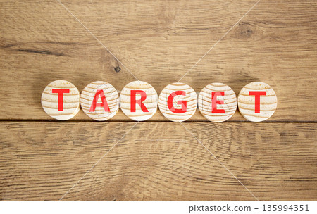 Target word symbol. Concept word Target on beautiful wooden circles. Beautiful wooden background. Business target word concept. Copy space. 135994351