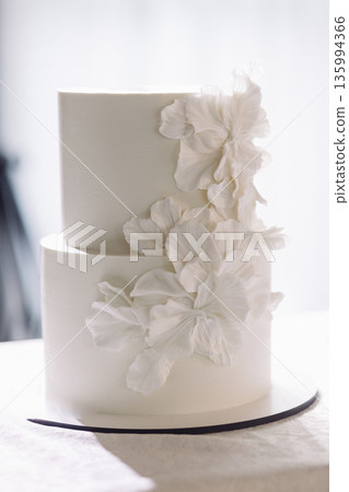 Simple two-tiered wedding cake decorated with patterns prepared  135994366