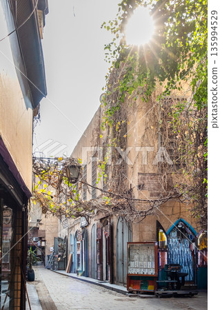 A narrow alley in the Khan El Khalili market in Cairo, Egypt. Stone buildings with vines, colourful doors, and a cobblestone path create a historic atmosphere. A narrow alley in the Khan El Khalili market in Cairo, Egypt. Stone buildings with vines, colourful doors, and a cobblestone path create a historic atmosphere. 135994529