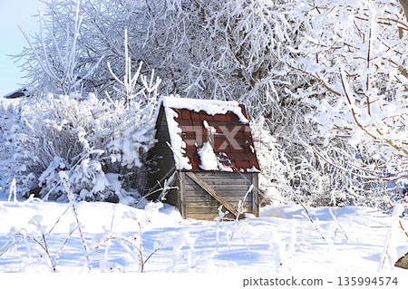 A village well in Russia, surrounded by snow-covered trees. In the suburbs and outback, where there is no running water, collect water from wells like these, which are covered with little houses 135994574