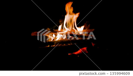 Firelight Casts Warmth, Soft Glowing Fire Creates Cozy Ambiance In Remote Wilderness Under Moonlight 135994609