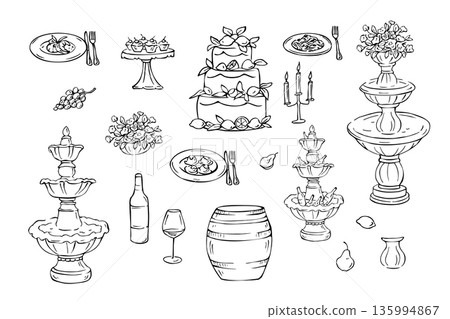 Elegant wedding doodles with fountain and lemon cake. Vectoor hand drawn illustration of Italian style for invitation, menu Elegant wedding doodles with fountain and lemon cake. Vectoor hand drawn illustration of Italian style for invitation, menu 135994867