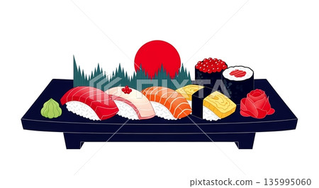 Japanese Graphic Art, Minimalist. an assorted sushi platter with tuna, salmon, tamago nigiri, a simple red circle representing the sun, in traditional indigo, white, crimson red  135995060