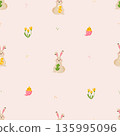 Cute Easter hand drawn seamless pattern with bunny, egg, freshly hatched chick, flowers. Colourful springtime background for wrapping paper, textile, wallpaper 135995096