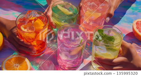Hands reach for colorful drinks at a lively gathering 135995320