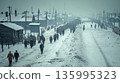 Winter morning at a WWII concentration camp with harsh realities visible 135995323
